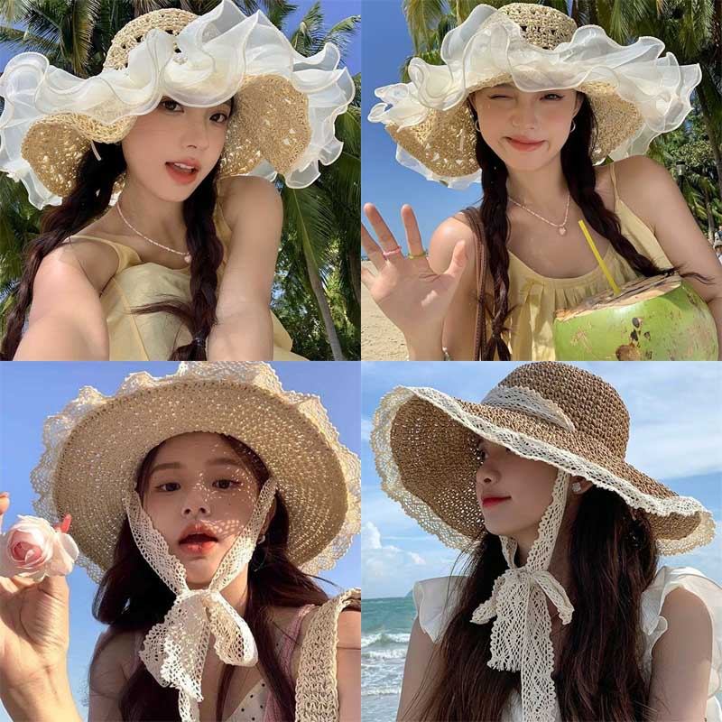 หมวกฟางลูกไม้ฝรั่งเศส หมวกบังแดดสำหรับชายหาดและริมทะเล หมวกสานบังแดดปีกกว้าง แฟชั่น กันแดด