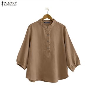 ZANZEA ผู้หญิงเกาหลี Commute Casual Stand คอครึ่งปุ่มแขนโคมไ…