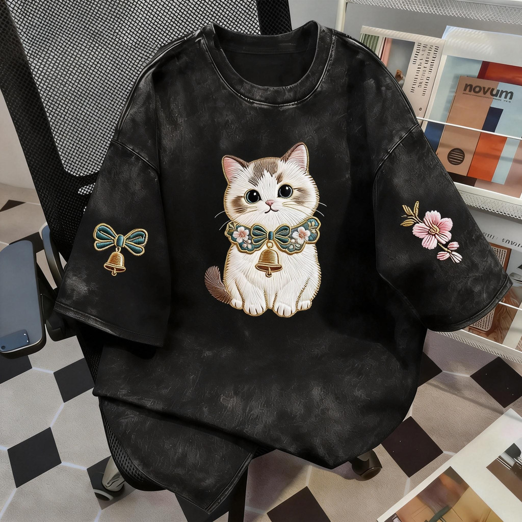 TEE·SHOP🍀เสื้อยืด oversize เสื้อเท่ๆ เกาหลี "2Maneki-neko Cat"เสื้อแฟชั่นใ เกาหลีสไตล์ พิมพ์ลาย ผ้านิ่มใส่สบาย   COD📦