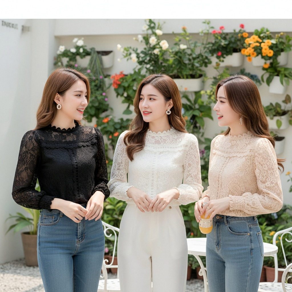 เสื้อแขนยาว งานตัดเย็บสุดประณีตด้วยผ้าลูกไม้เนื้อดี แต่งขอบคอและแขนอย่างลงตัว