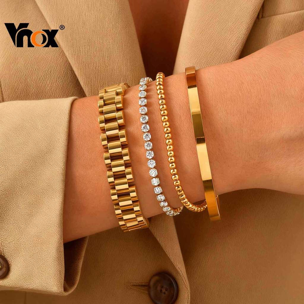 Vnox สร้อยข้อมือสแตนเลสชุบทอง เพทายลูกปัด สำหรับโอกาสเคาท์ซอลและงานเฉลิมฉลอง