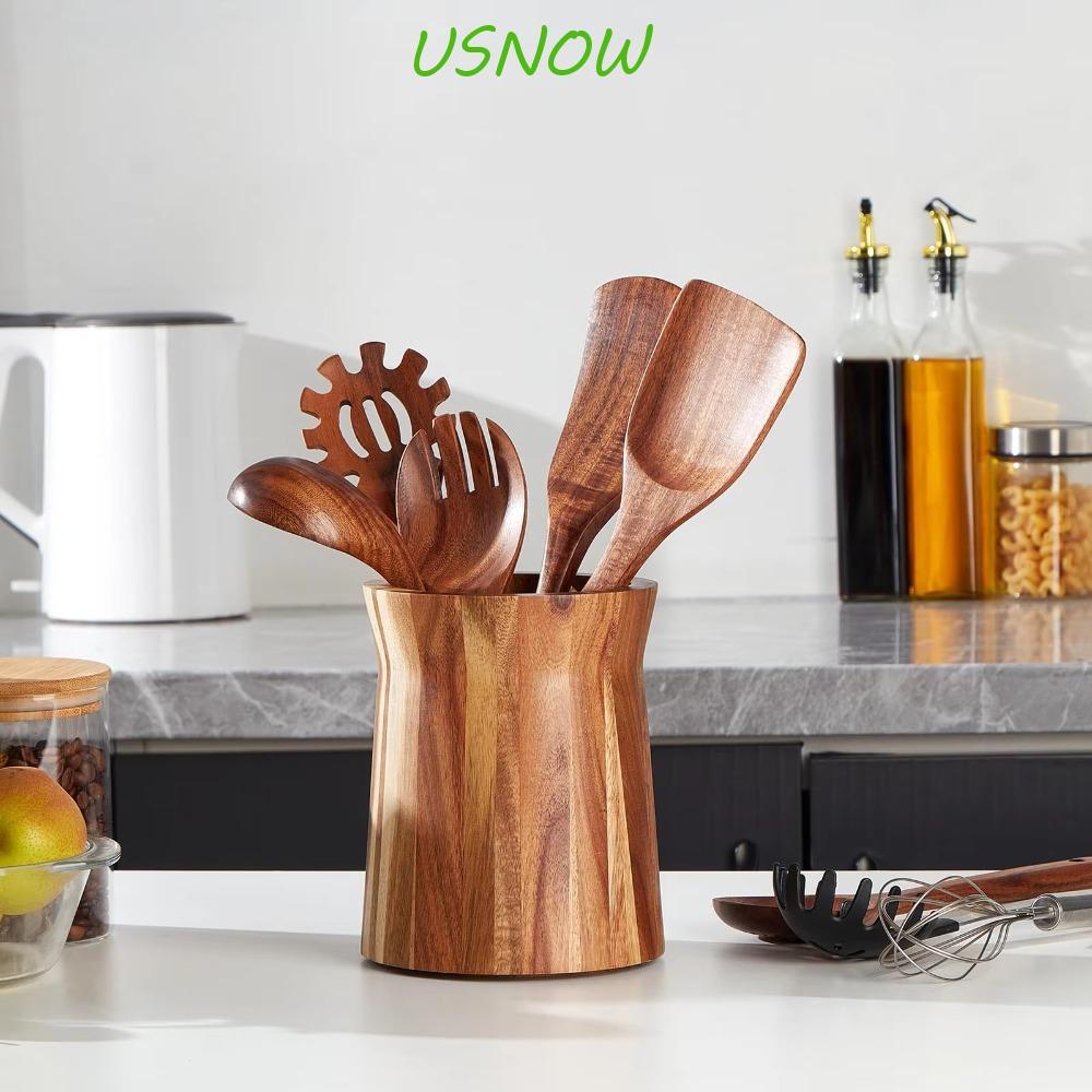 USNOW ที่วางภาชนะหมุนได้ 360 องศา, กล่องเก็บช้อนส้อมรูปสี่เหลี่ยมคางหมูไม้, Creative Smooth Surface Farmhouse Style Cutlery Organizer Ladles