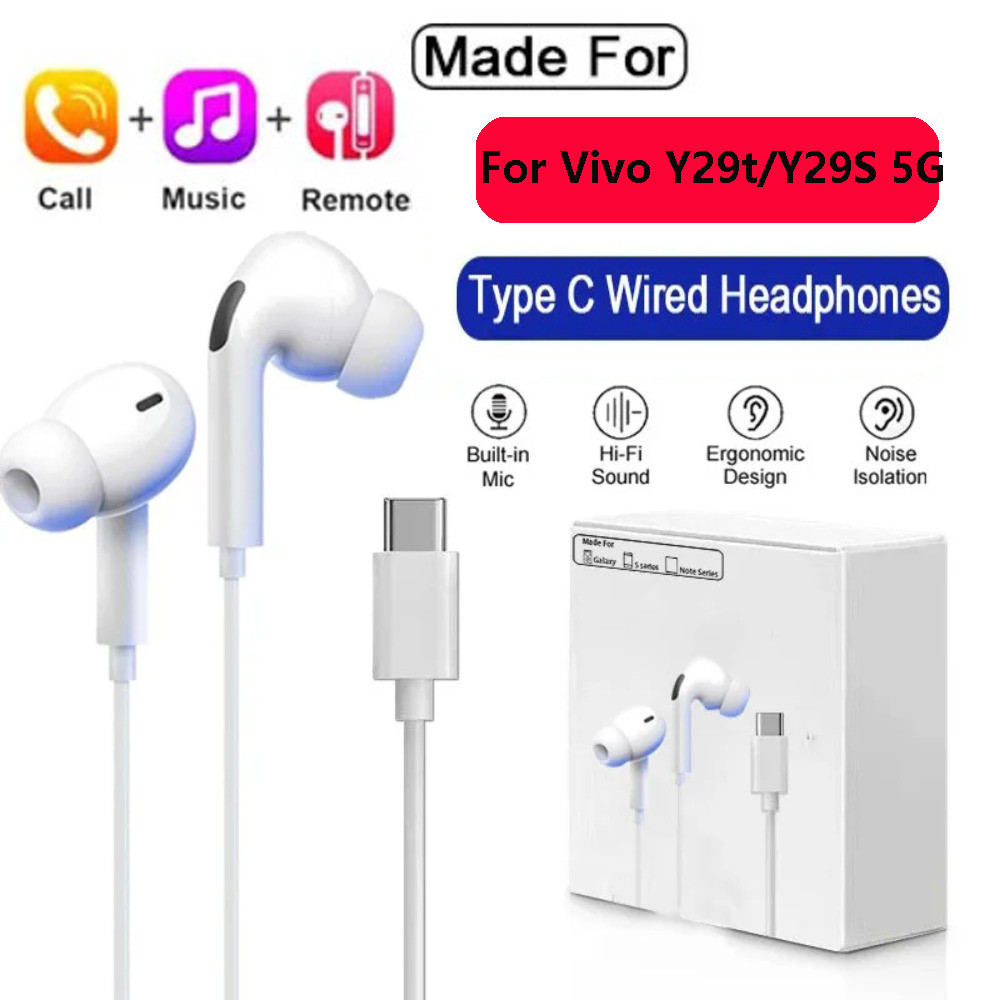 ประเภท C หูฟังแบบมีสายหูฟังสําหรับ Vivo Y29t Y29S 5G VivoY29T 5G หูฟังหูฟัง In Ear ชุดหูฟังหูฟังอุปก