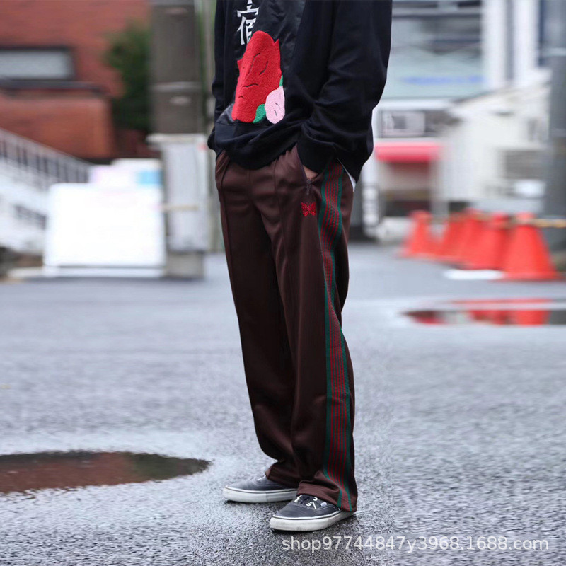 TLMY Needles Red and Green Pants Men Side Tape Long Pants Straight Pants Sports Pants Women