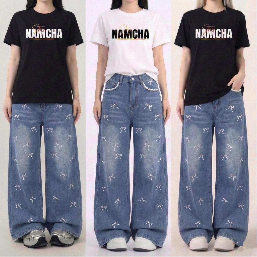 MAX JEANS กางเกงยีนส์ทรงกระบอกกลาง กางเกงยีนส์ทรงกระบอกกลางเอวสูง กางเกงยีนส์เเต่งขอบลูกไม้ เเต่งเฟด 68010