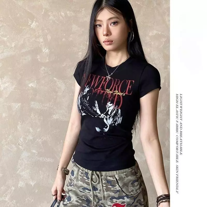 เสื้อยืดแขนสั้นพิมพ์ลายสร้างสรรค์ นักร้องร็อคสตรีทอเมริกัน ทรงสลิมฟิตไหล่ปกติ เฮฟวี่เวท ทำจากผ้าฝ้ายแท้ วัสดุหนัก ท๊อป
