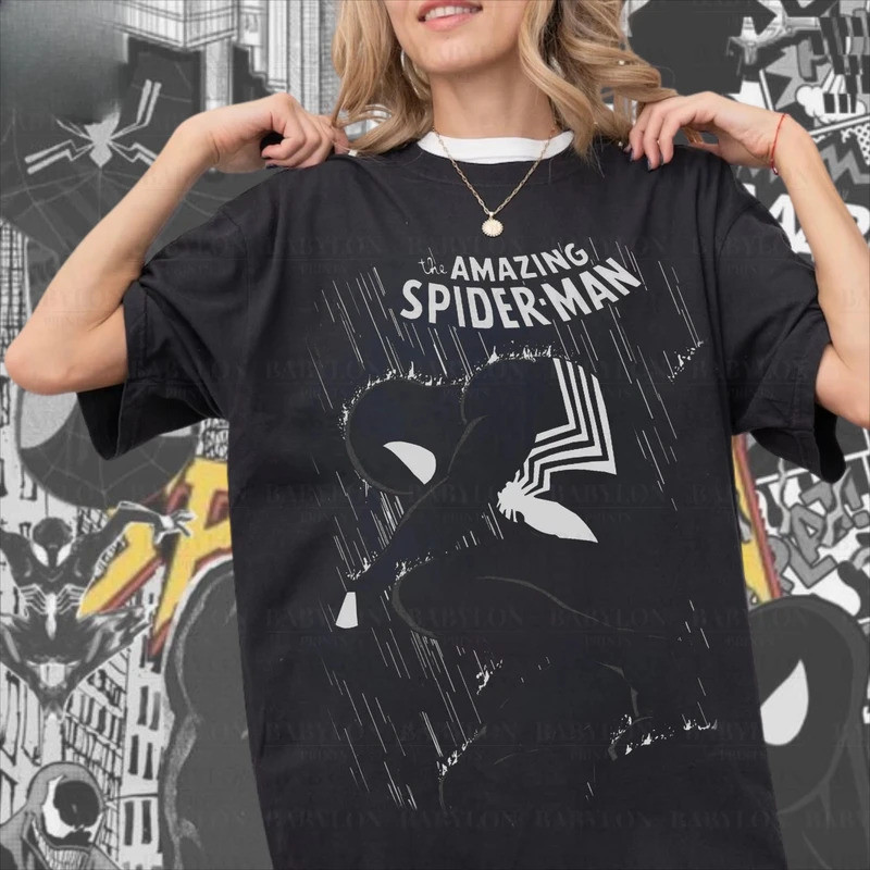 Marvel 2026 ใหม่ Marvel Dark Venom Spiderman Graphic พิมพ์ขนาดใหญ่หลวม Y2K คอ Krew เสื้อยืดผู้ชาย