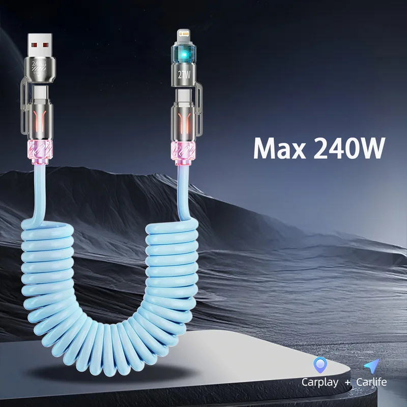 สายชาร์จ 240W Spring 4 in 1 ชาร์จเร็ว – USB A/C to USB C/L หลายฟังก์ชัน สายยืดหดได้ สำหรับ iPhone 17
