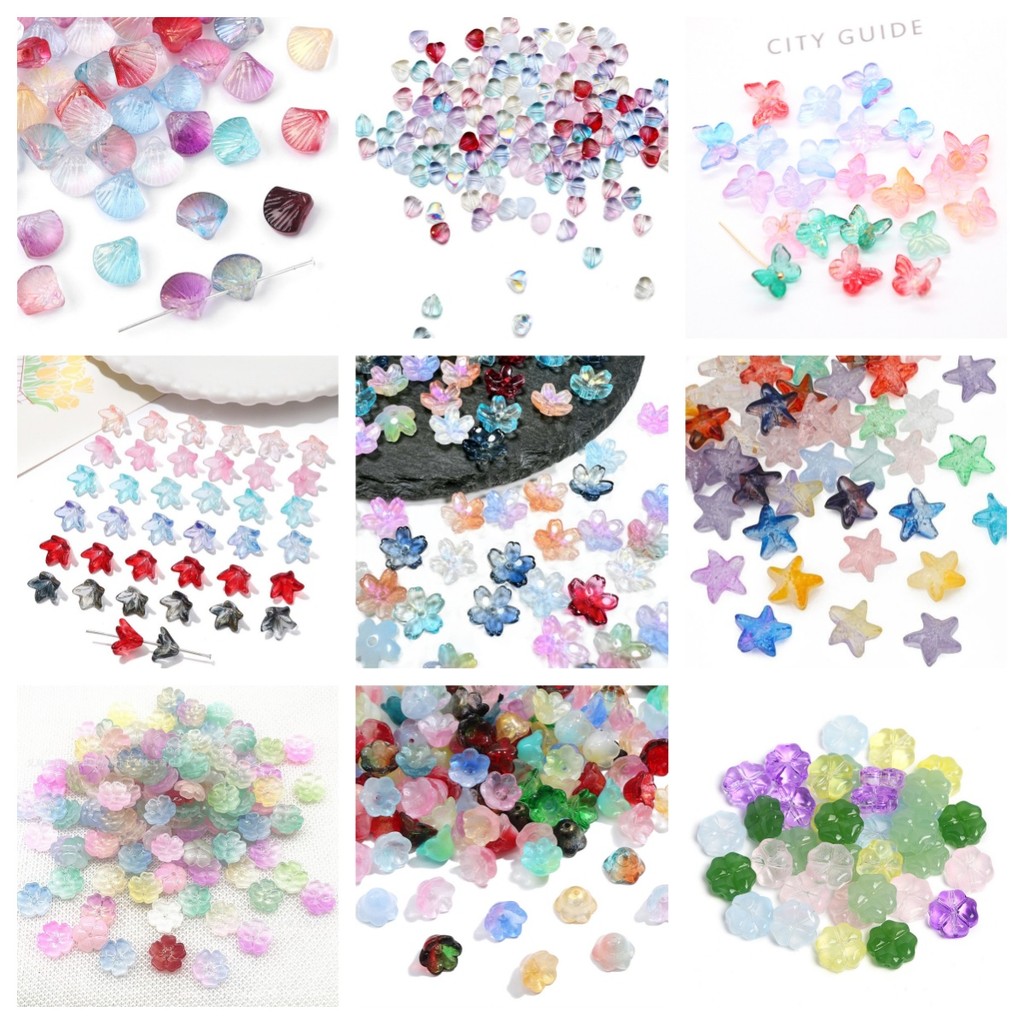 ลูกปัดแก้วหลากสี 50 ชิ้น จำลองลายดอกไม้ - กิ๊บสไตล์วินเทจ ใช้ทำสร้อยคอ สร้อยข้อมือ และต่างหู