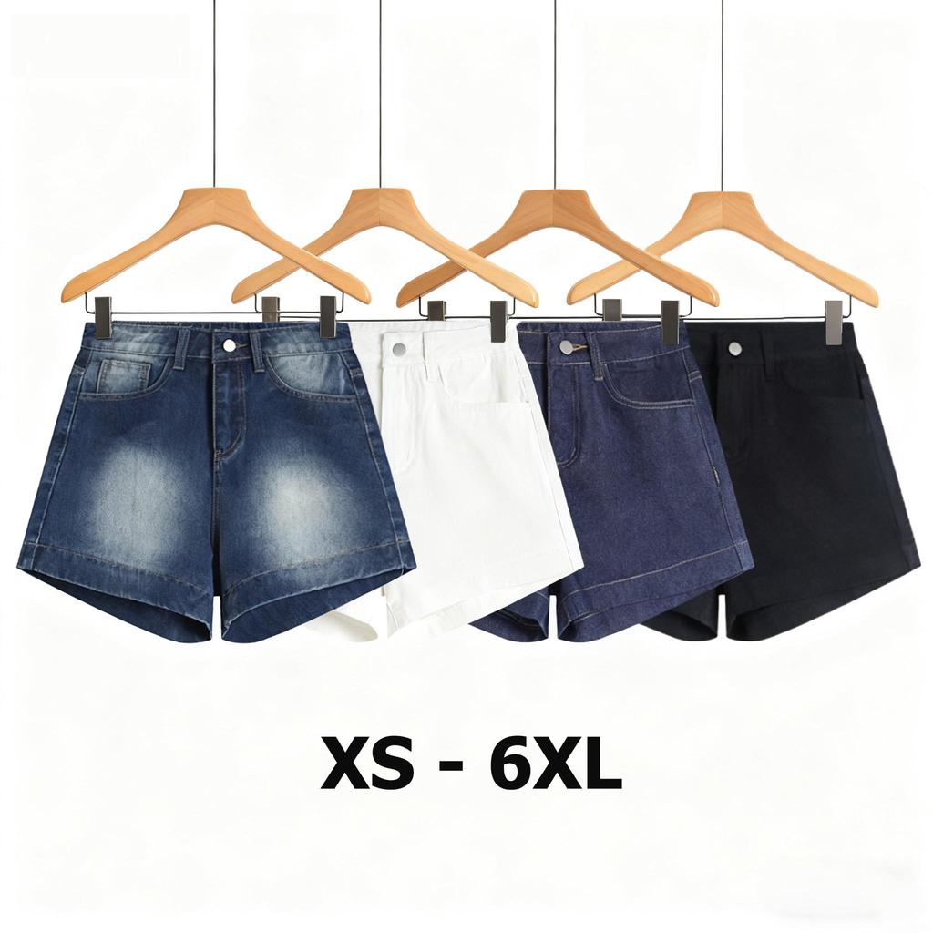Yoka ไซส์ XS-6XL กางเกงยีนส์ขาสั้น สตรี เอวสูง สีทึบ สไตล์เกาหลี (ดำ,น้ำเงิน ,ขาว)