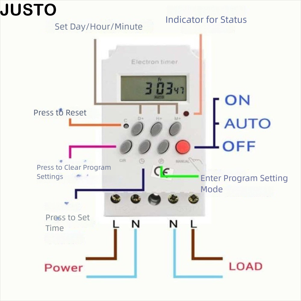 JUSTO Timer Switch, 220V 110V Digital Timer, รีเลย์จอแสดงผลแบบพกพา 12V 50/60Hz Time Control Timer ช่