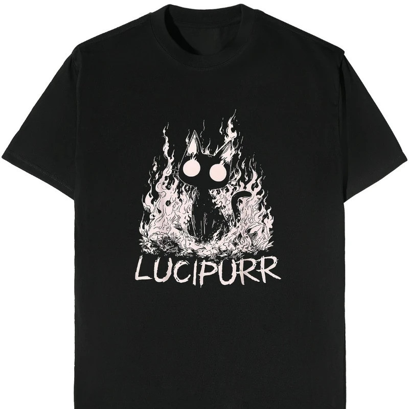 เสื้อยืดผู้ชายลายซาตานบาโฟเมต 666 แมวปีศาจ สไตล์กอธิค พร้อมสัญลักษณ์ลึกลับและดาวห้าแฉกบาโฟเมต ผลิตจา