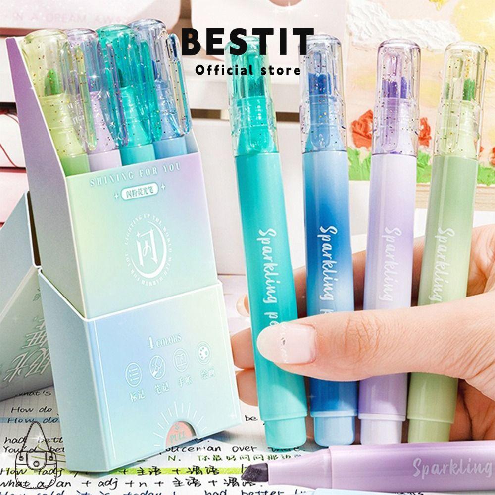 BESTIT 4PCs/ชุดปากกาเรืองแสง,Glitter Oblique Tip Shiny Highlighter Pen, Eye Protection Hand Account 
