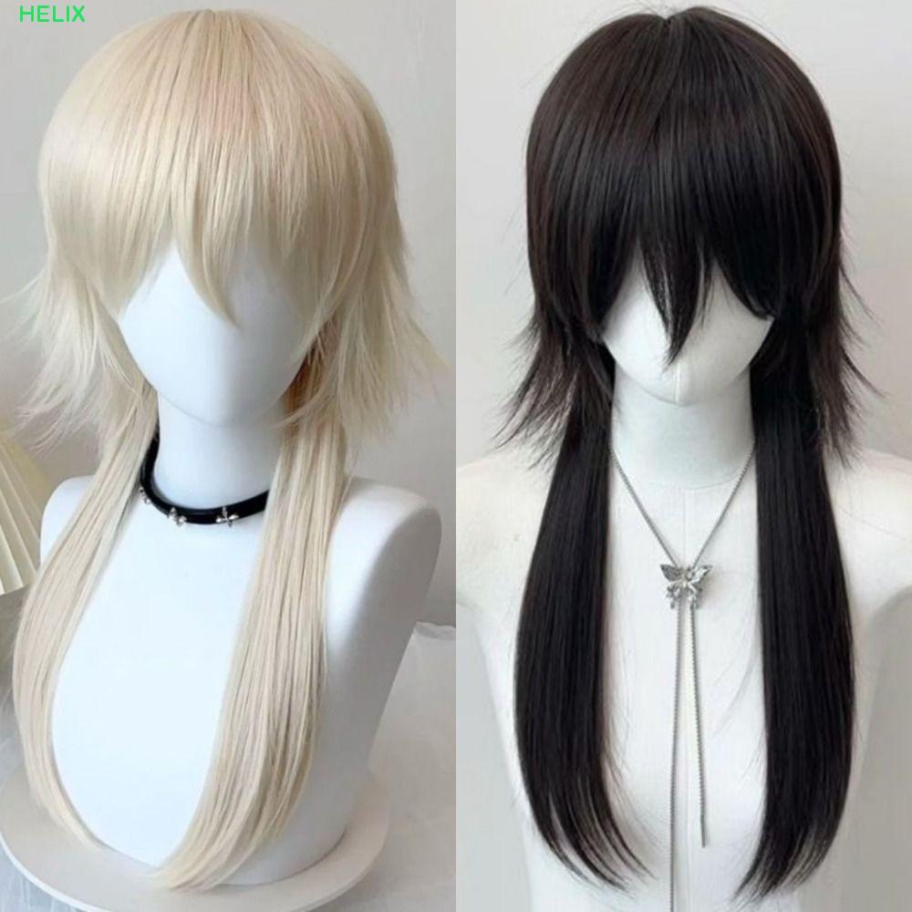 HELIX แมงกะพรุน Mullet Head Wig สังเคราะห์สีบลอนด์ดำ วิกผมแบบยาวตรงสำหรับทั้งผู้ชายและผู้หญิง ใช้ได้