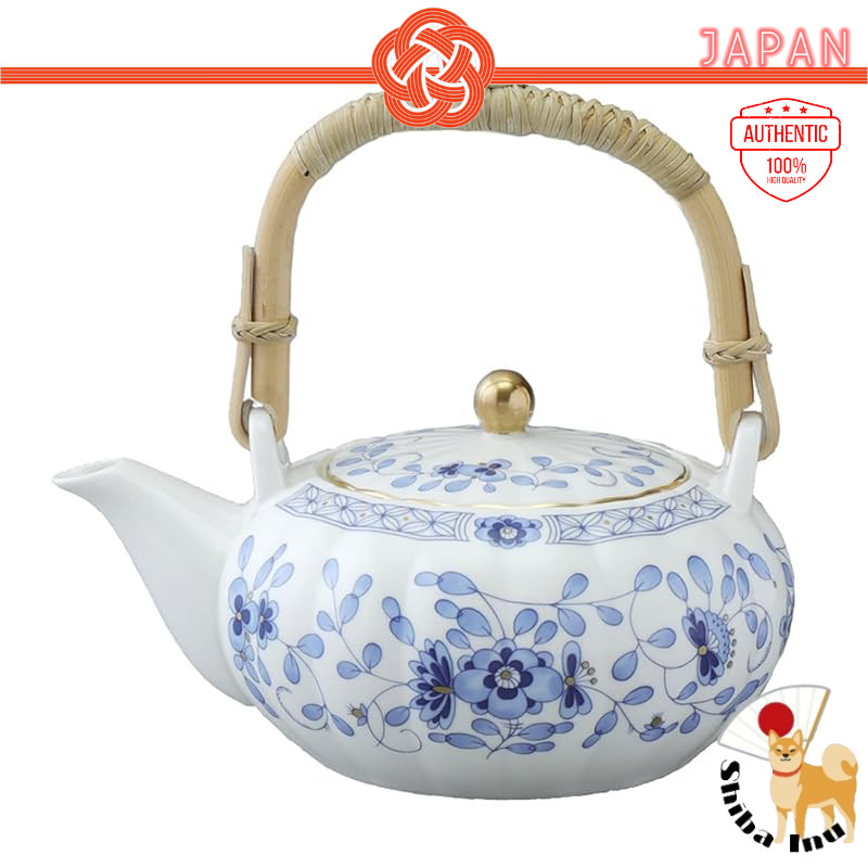 NARUMI Milano 550cc blue kyusu teapot, plum-sarasa floral, Japanese, gift boxed.