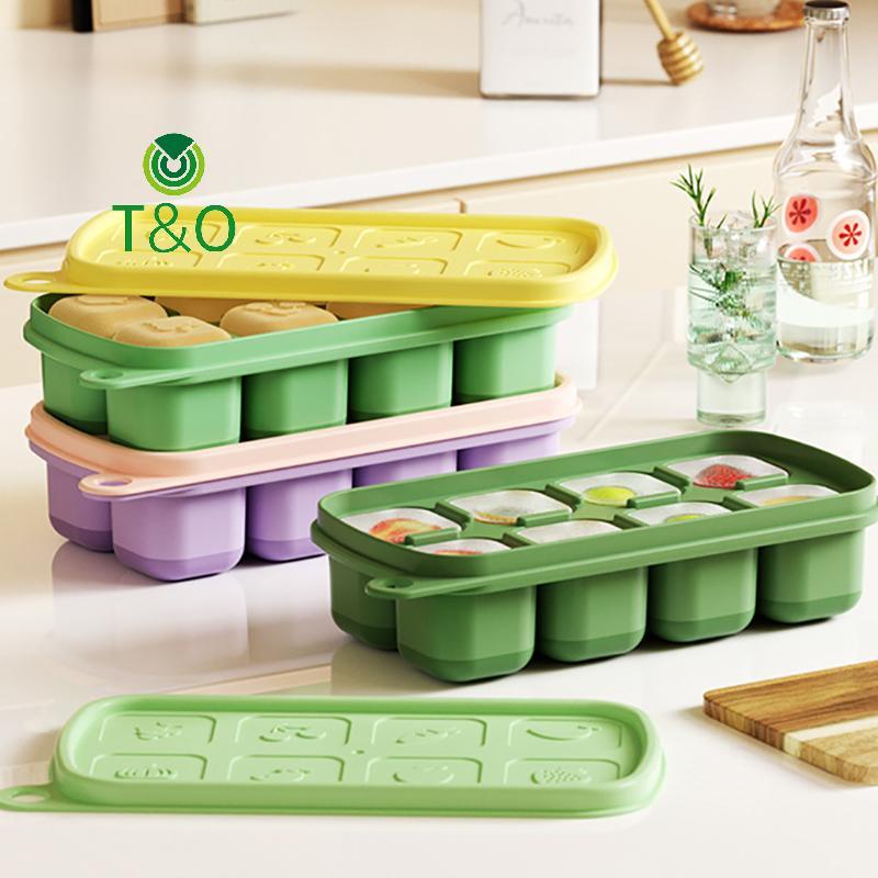 [T&OT] 1 PC 8 เซลล์แม่พิมพ์ซิลิโคนเกรดอาหารตารางน้ําแข็งพร้อมฝาปิดถาดน้ําแข็งทํา Mould กล่องเก็บน้ํา