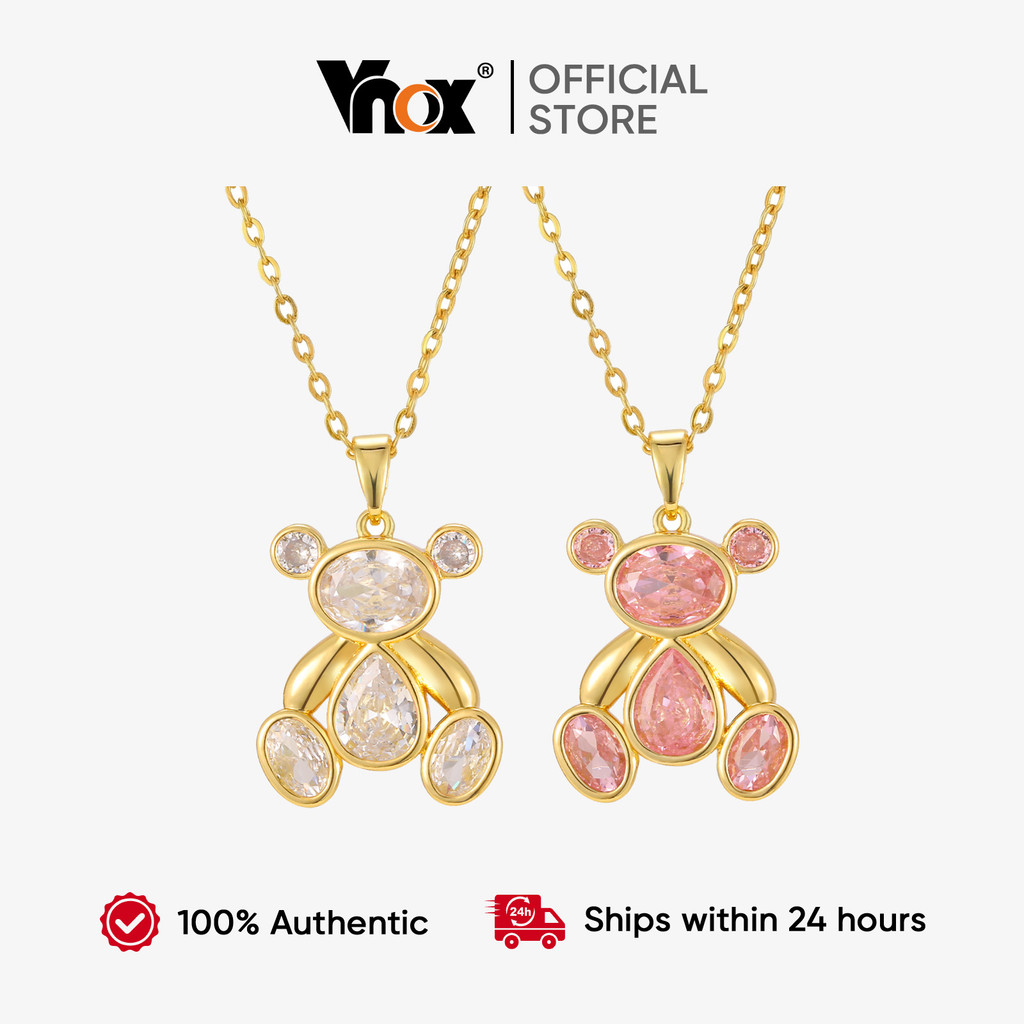 Vnox สร้อยคอจี้หมีสีชมพู Zirconia เคลือบด้วยทองคำ 18K ไม่อันตรายต่อผิว เหมาะสำหรับผู้หญิง