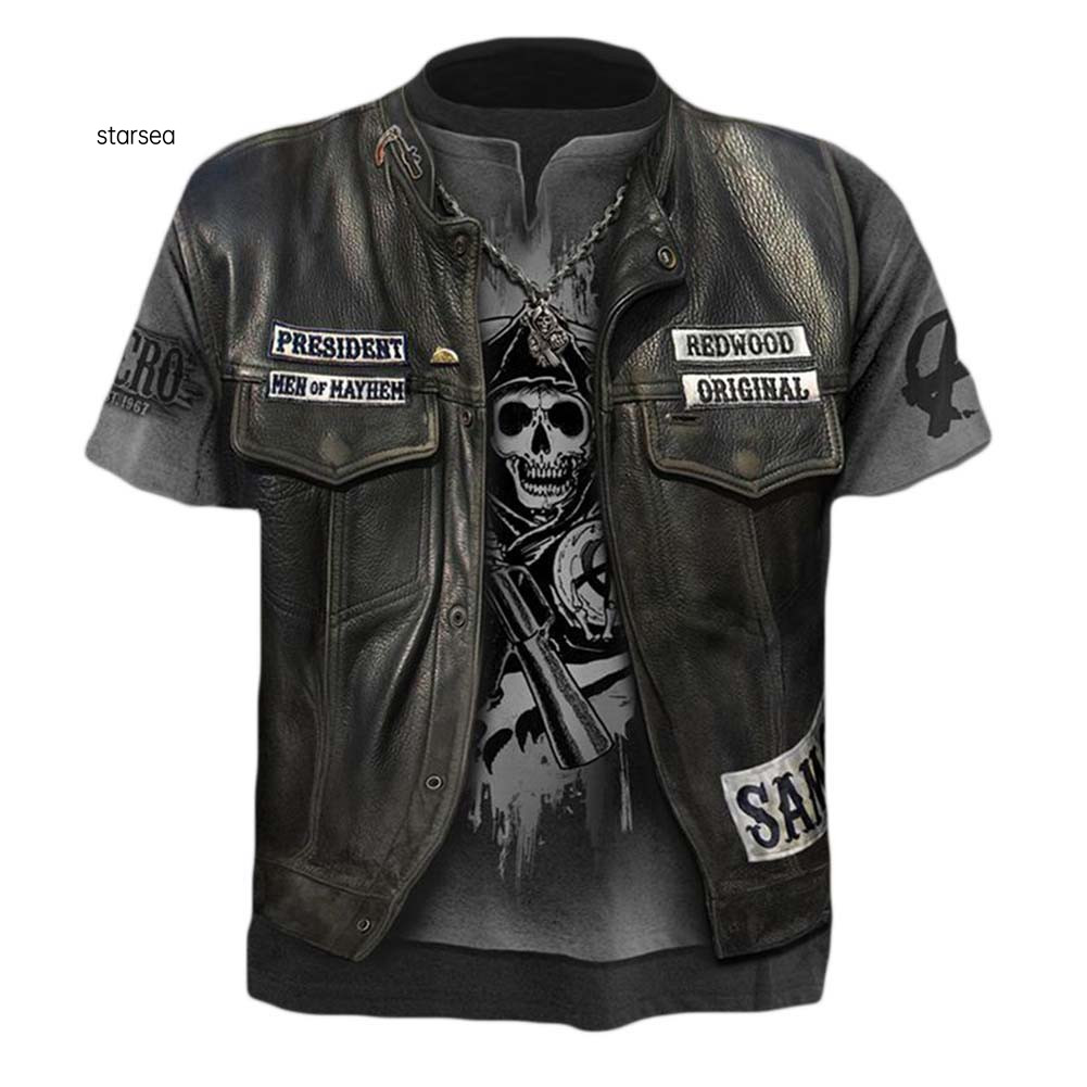 SRA ZK ผู้ชายฤดูร้อน 3D Skull พิมพ์รอบคอแขนสั้นเสื้อยืดลําลอง Faux Jacket Top