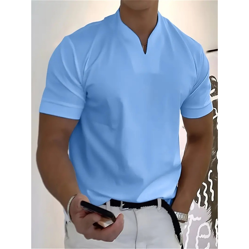 2025 New Men T-shirt Fashion V-neck Design Slim Fit Solid color Men's t-shirt Tops Tees Short Sleeve