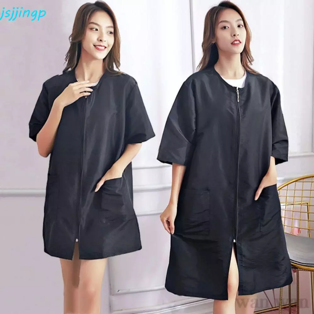Jsjjingpร้านตัดผมเสื้อผ้าทํางานซิปง่ายไม่ติดผมร้านทําผมเครื่องแบบ,สากลระบายอากาศโพลีเอสเตอร์สั้น/แขนยาวช่างทําเสื้อคลุมร้านเสริมสวย