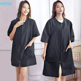 Jsjjingpร้านตัดผมเสื้อผ้าทํางานซิปง่ายไม่ติดผมร้านทําผมเครื่องแบบ,สากลระบายอากาศโพลีเอสเตอร์สั้น/แขนยาวช่างทําเสื้อคลุมร้านเสริมสวย