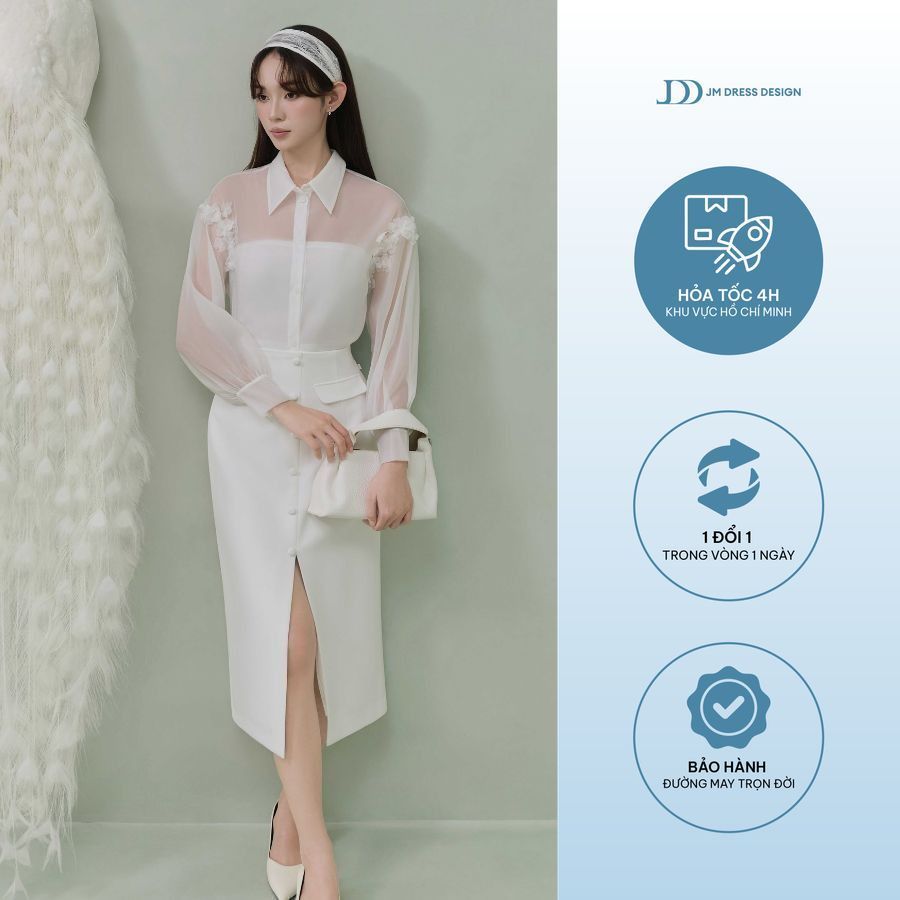 เสื้อเชิ้ตลายดอกไม้ 2S25.2507OG + กระโปรงแหวกหน้า 4L09 – Feminine, Elegant White Set JM