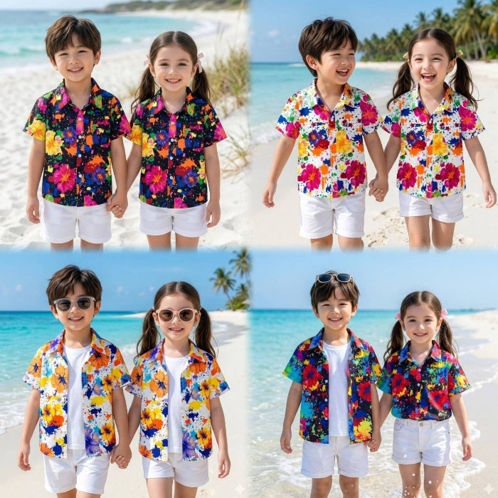 เสื้อฮาวายเด็ก ลายดอกสะบัดสี  ผ้าโพลีเอสเตอร์ มีไซส์90-170