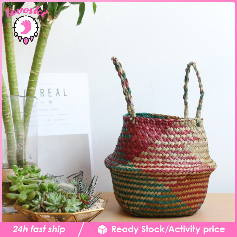 [Lovoski] Natural Belly Basket Panier Storage Pot Folding Nursery Laundry Tote Bag with Handles