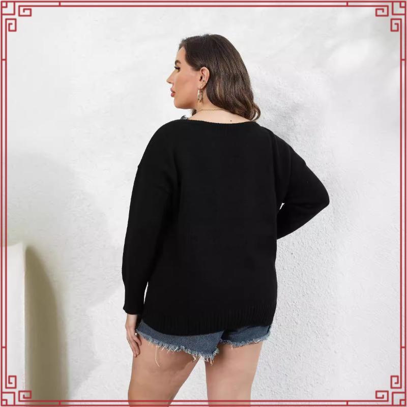 F&H 3789-L-3XL Plus ขนาดผู้หญิง V คอลูกไม้ Patchwork เสื้อกันหนาวเสื้อสวมหัวหนา