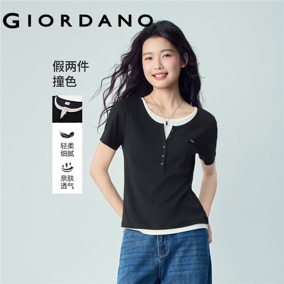 GIORDANO WOMEN Fake two-piece metal logo short sleeve tee 05326408