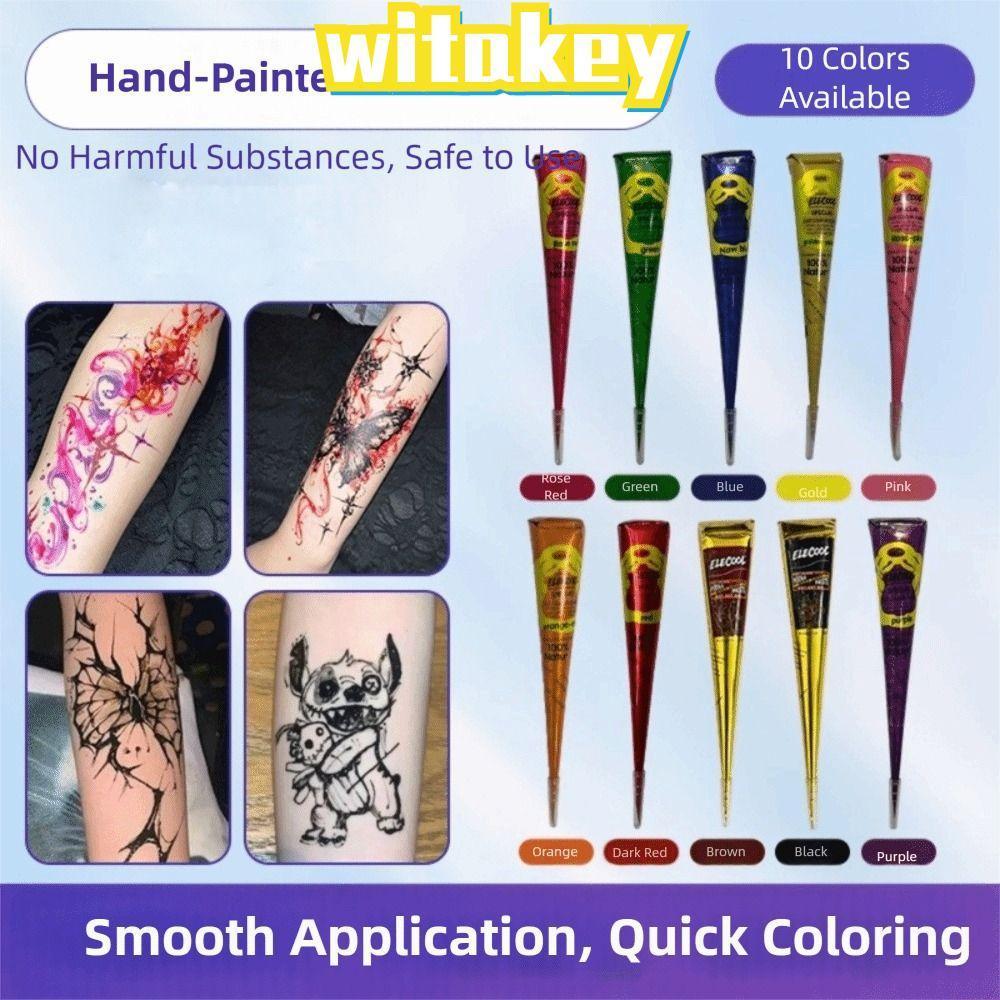 WITAKEY ครีมสักเฮนน่า สีดำและน้ำตาล กึ่งถาวรพร้อมกรวยสำหรับงาน Mehndi Body Art