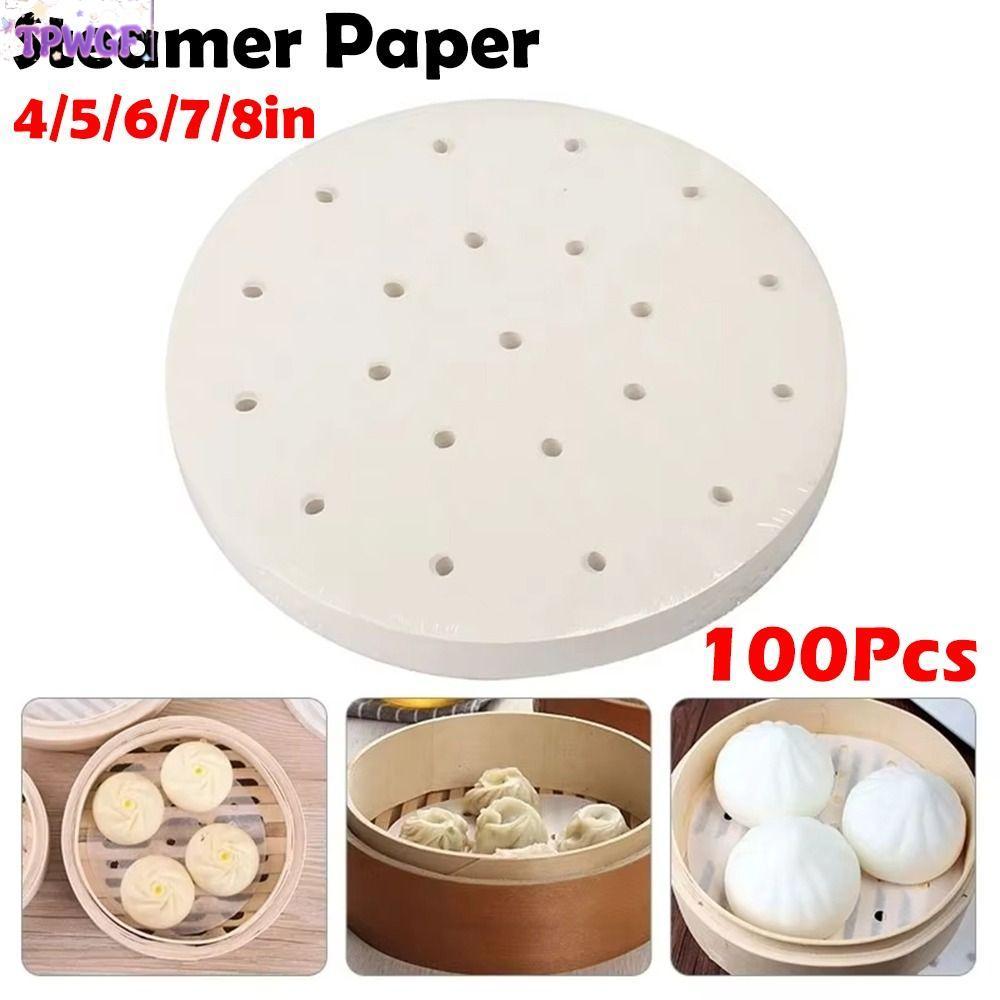 TPWGF 100 ชิ้น Steamer กระดาษ, รอบทิ้ง Buns ขนมอบกระดาษไม่ติด, 4/5/6/7/8in Buns Pad กระดาษครัวทําอาห