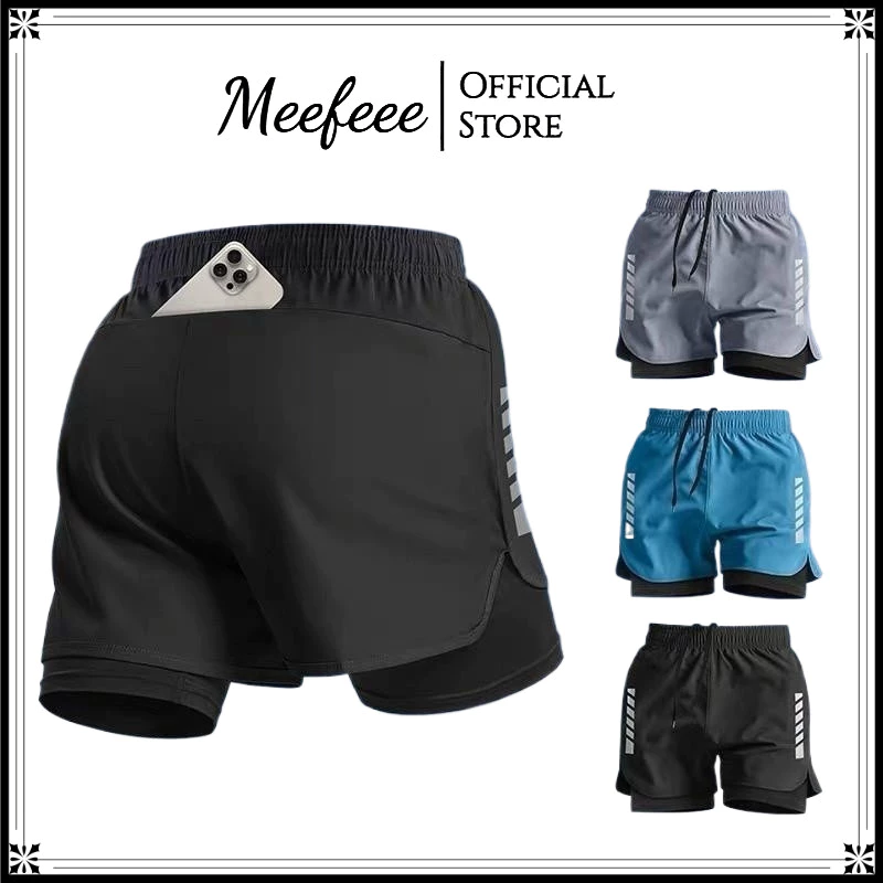 MEFEEE ส่งเร็ว 24ชม M-5xl Unisex 2-in-1 Dir-Fit กางเกงขาสั้นวิ่งกางเกงขาสั้นขี่จักรยานกางเกงกีฬาตาข่ายขาสั้นสองชั้นสีดํา/สีเทา/สีฟ้า