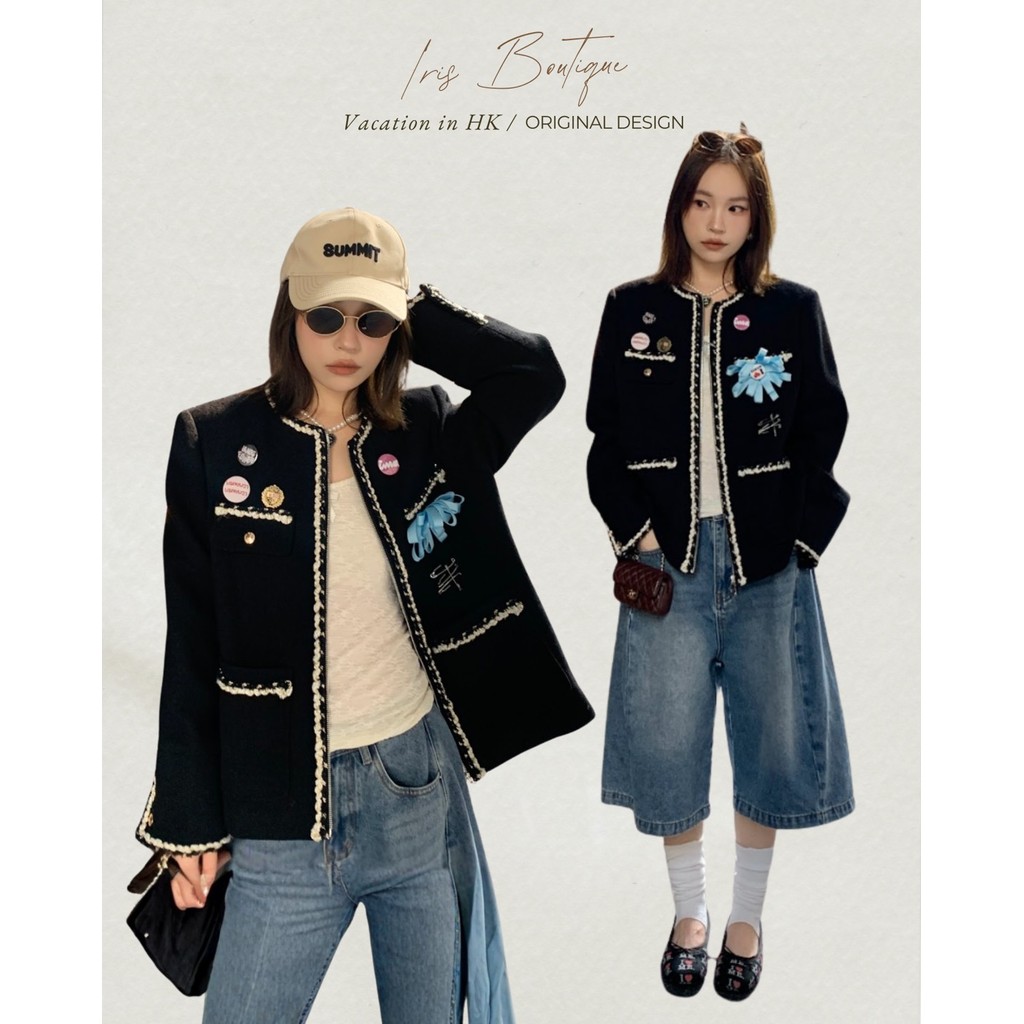 Vacation in HK |Original Design IRIS BOUTIQUE 26 ss IJYK61 Badge Tweed Trim Jacket แจ็กเก็ตสไตล์ทวีด