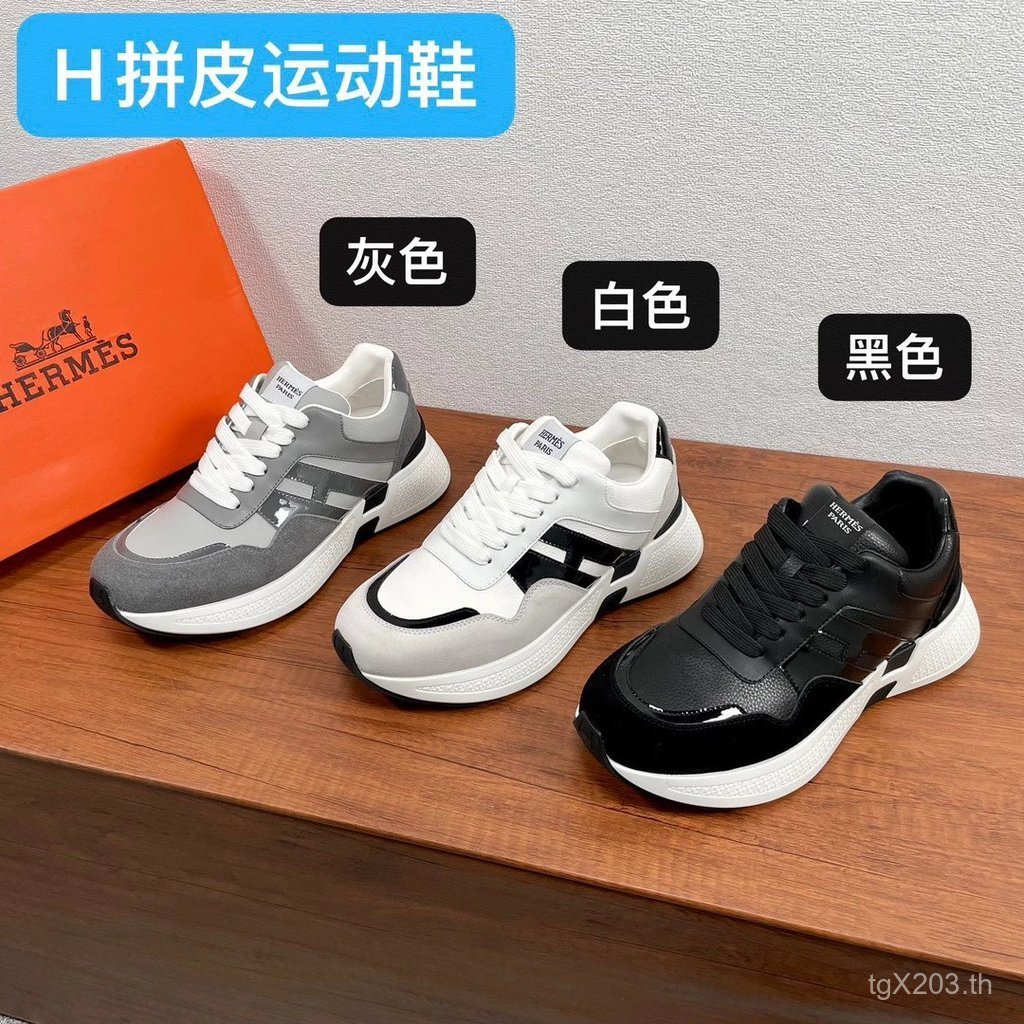 ขายดี สินค้าช่อง 2024 สไตล์ใหม่ HERMES/HERMES Hs รองเท้าผู้ชาย Grained Cowhide และ Suede Stitching D