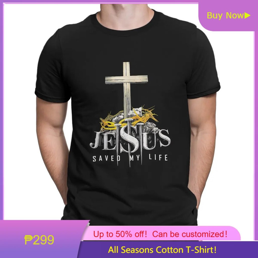แฟชั่นFunny Jesus Saved My Life Cross Classic T-Shirt Men Round Neck T Shirts Jesus God Short Sleeve