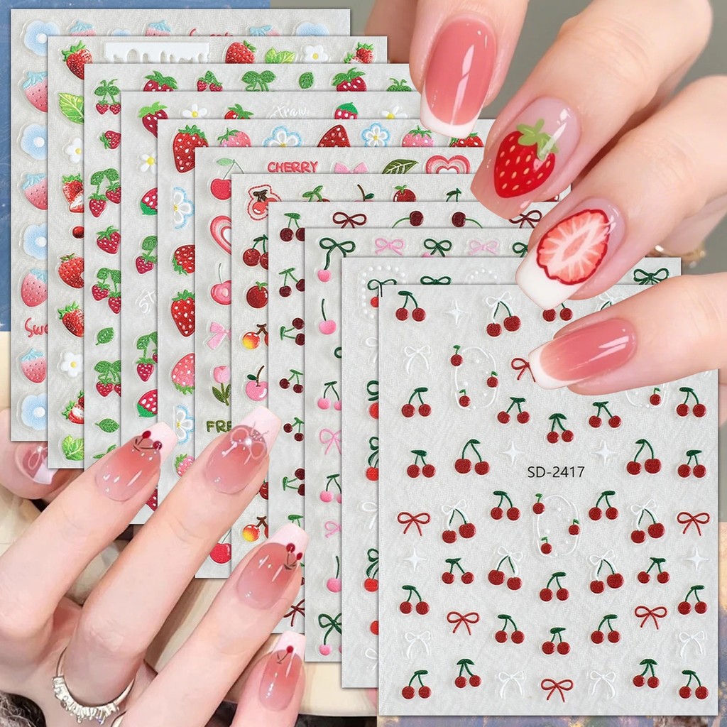 3/5/6/11 แผ่น 5D สตรอเบอร์รี่ Cherry Nail Art สติกเกอร์น่ารักผลไม้เล็บ Decals ฤดูร้อนสติกเกอร์เล็บ DIY ตกแต่งเล็บ