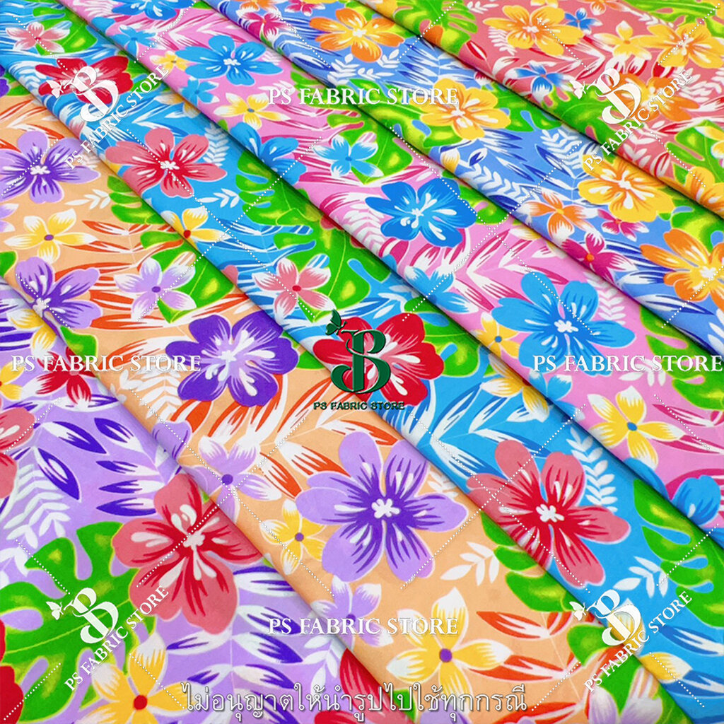 ผ้าคอตตอนทีซี ลายชบา สีหวาน หน้ากว้าง 45 นิ้ว ตัดยาวต่อเนื่อง ผ้าเมตร ผ้าหลา