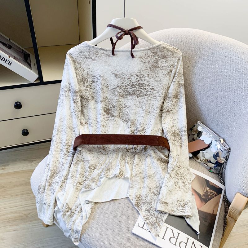 คอฤดูใบไม้ผลิคอ Luther แฟชั่นไม่สม่ําเสมอ t สองชิ้นแขนยาว Smudged Top เสื้อแขวนที่สวยงาม American Re