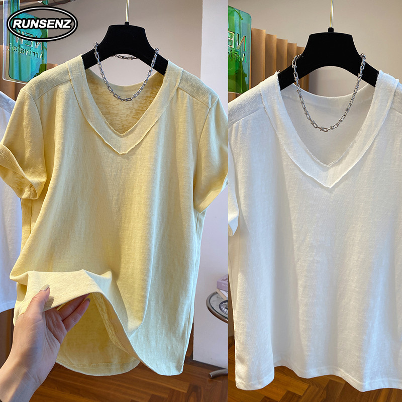 M-4XL Lazy Style Oversize Tee Women Plus Size Plain V Neck T Shirt Short Sleeve