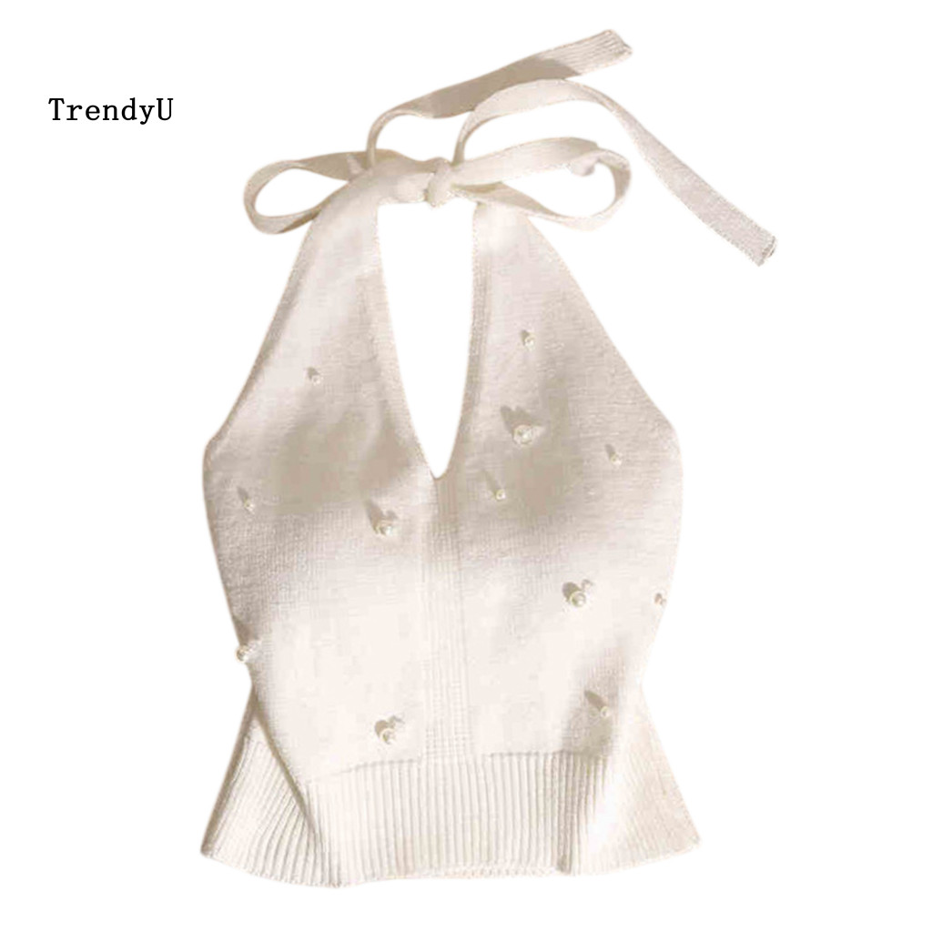 TRD สีทึบผู้หญิง Tops ผู้หญิง Camisole ผู้หญิงs Halter คอลูกปัด Faux Pearl Camisole Top – นุ่มยืดถัก