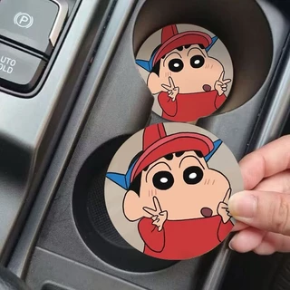 🚗 EAZIOR แผ่นรองช่องวางแก้วรถยนต์ลาย Crayon Shin-chan 2 ชิ้น หนัง PU กันน้ำ กันลื่น เช็ดทำความสะอาดง่าย ขนาด 7.1 ซม. ของแต่งรถการ์ตูนน่ารัก