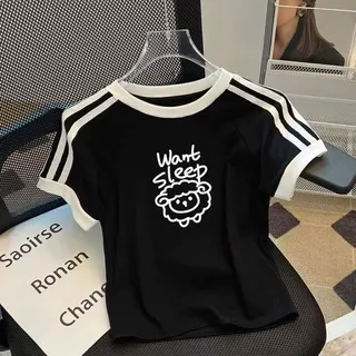 Big Girl Short-Sleeved Clothes (ผ้าฝ้าย 100-170 ขนาด) Girls Pure Cotton Hello Kitty เสื้อยืดแขนสั้นฤดูร้อนสไตล์ใหม่ขนาดกลางขนาดใหญ่ All-Match สาวการ์ตูนสามบาร์อินเทรนด์