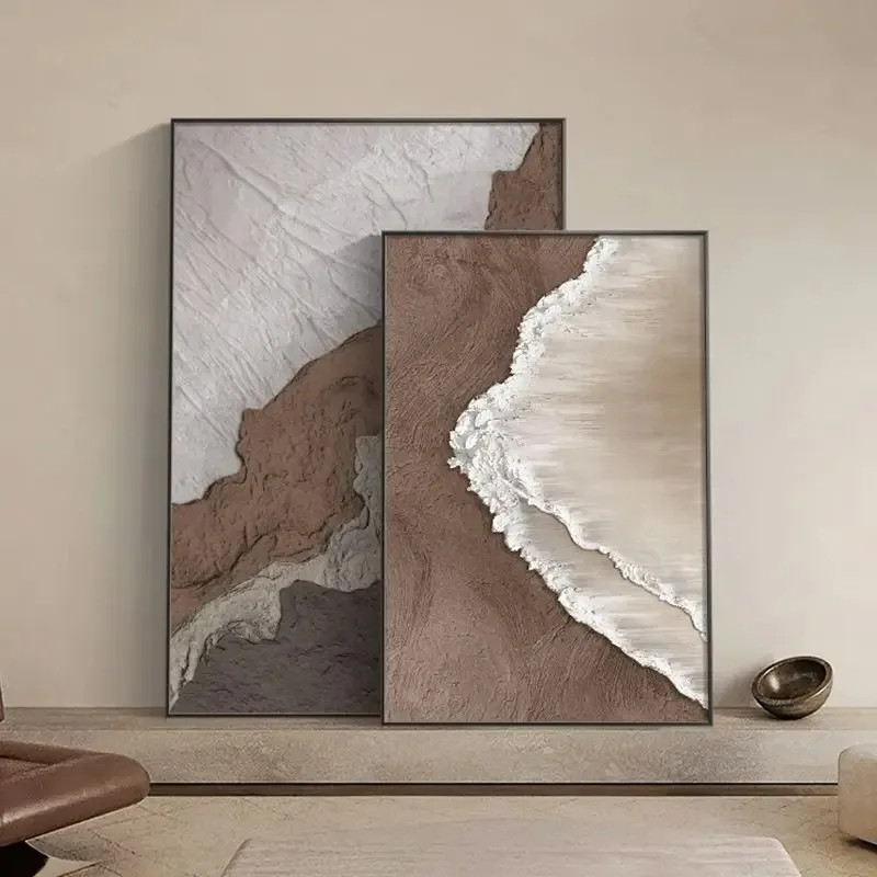 บทคัดย่อสีเบจสีเทาหนา Textured Waves ภาพวาดโซฟาพื้นหลังผนัง Foyer ผ้าใบพิมพ์ภาพวาดโปสเตอร์สําหรับห้องนั่งเล่นตกแต่ง