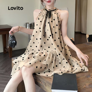 Lovito เดรสแคชชวลลายจุด ผูกด้านหน้า ชายกระโปรงระบาย สำหรับผู้หญิง เหมาะสำหรับฤดูใบไม้ผลิ/ฤดูร้อน L178ED398