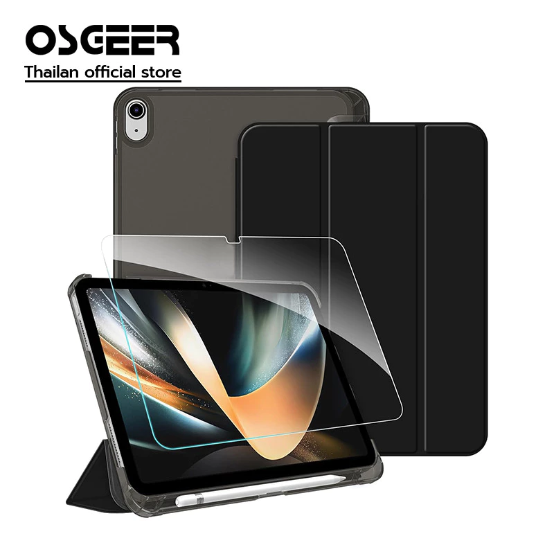 OSGEER Case & Screen Protector ชุดสําหรับ iPad Gen A16 12th/11th/10th Air 8 7 6 5 4 M2 M3 M4 Pro M4 M5 11 นิ้ว | ที่ใส่ดินสอในตัว ด้านหลังพร้อมขาตั้ง Trifold Auto Wake/Sleep
