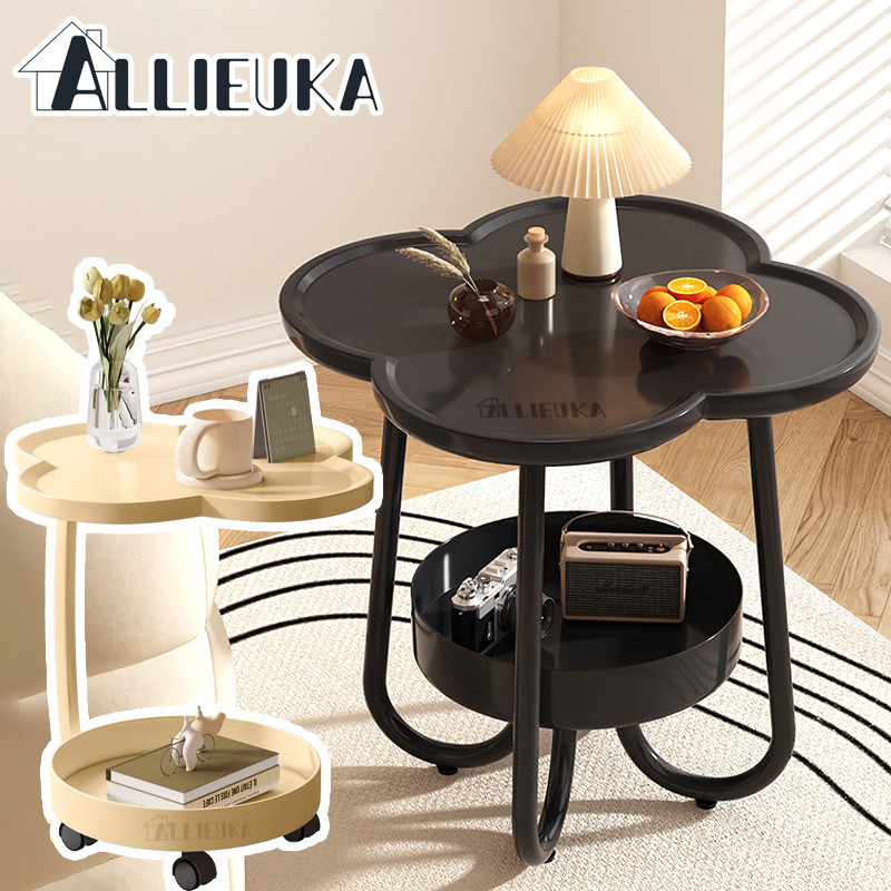 Allieuka โต๊ะข้างโซฟา โต๊ะโซฟา 2 ชั้น โต๊ะกาแฟขนาดเล็ก โต๊ะข้างเตียงขนาดเล็ก การออกแบบการจัดเก็บสองชั้น