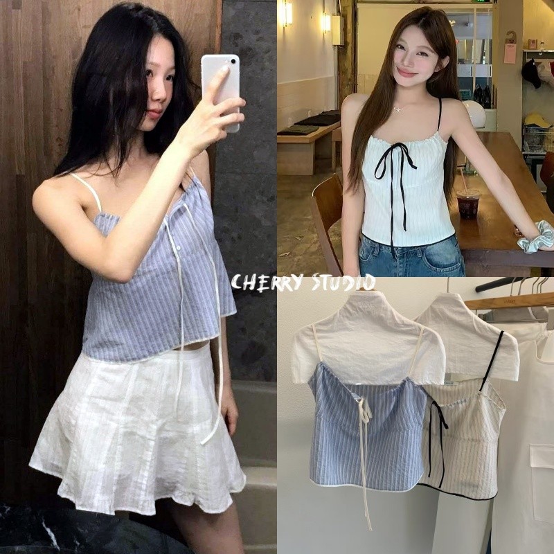 Cherry🌈พร้อมส่ง🍒เสื้อสายเดี่ยวสั้น 🫧แต่งสายรัด ลายทางแนวตั้งสีฟ้า โทนสีคอนทราสต์ ดูสวยหรู ผอมทรง ใส่ได้ทุกรูปแบบ