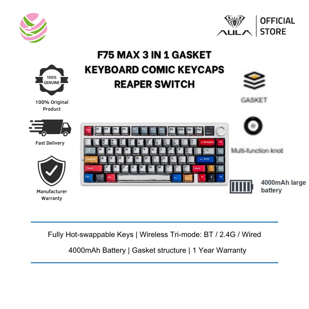 Aula F75 MAX 3 IN 1 ปะเก็นคีย์บอร์ดการ์ตูน Keycaps (Raper Switch) การเชื่อมต่อแบบสามโหมด F75MAX-COMI