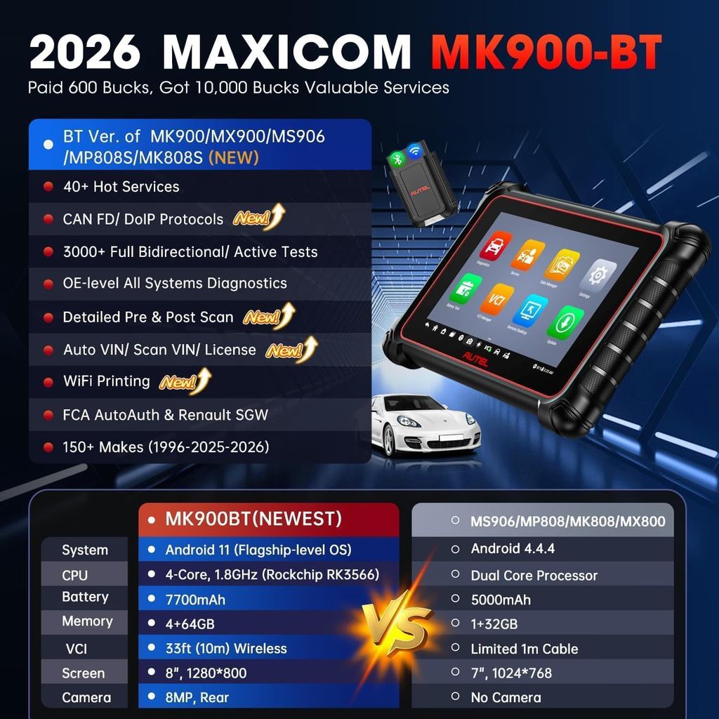 Autel Scanner MaxiCOM MK900BT, 2026 MK900-BT เครื่องมือสแกนวินิจฉัยแบบสองทิศทาง, 2.0 BT Ver. ของ MK9